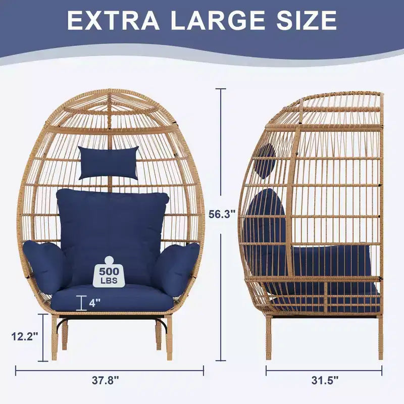 Fauteuils en osier Egg Chair pour l'extérieur, chaise de patio surdimensionnée, chaise longue surdimensionnée avec coussin pour salon intérieur, chambre à coucher, patio ou arrière-cour