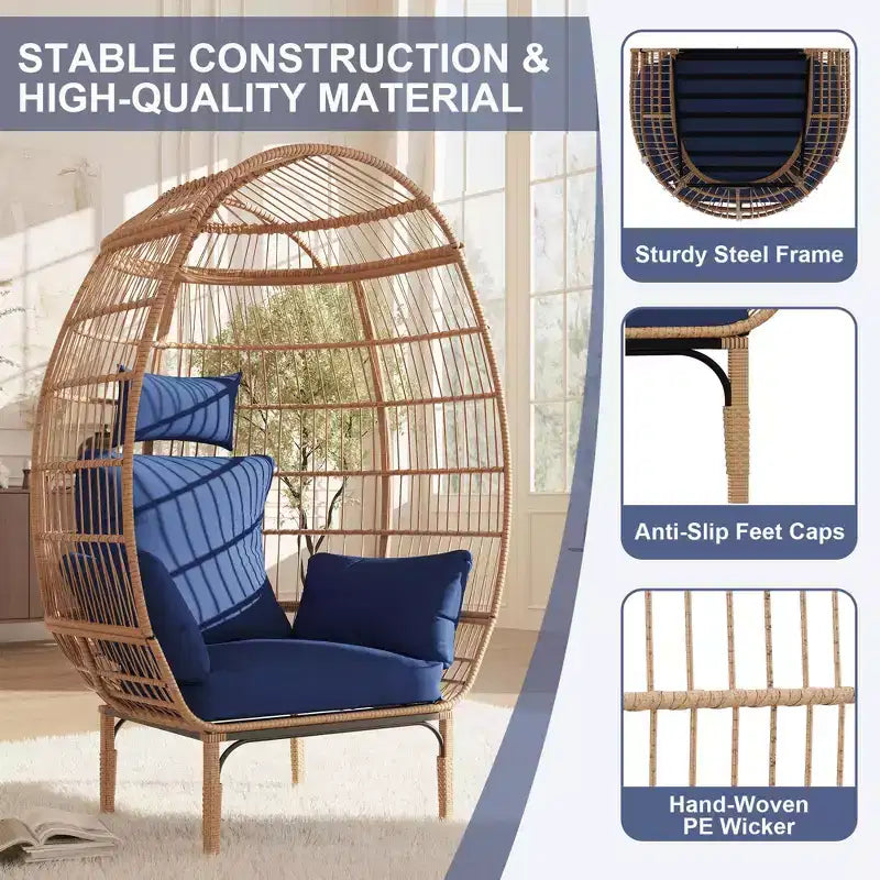 Fauteuils en osier Egg Chair pour l'extérieur, chaise de patio surdimensionnée, chaise longue surdimensionnée avec coussin pour salon intérieur, chambre à coucher, patio ou arrière-cour