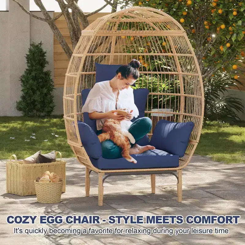 Fauteuils en osier Egg Chair pour l'extérieur, chaise de patio surdimensionnée, chaise longue surdimensionnée avec coussin pour salon intérieur, chambre à coucher, patio ou arrière-cour