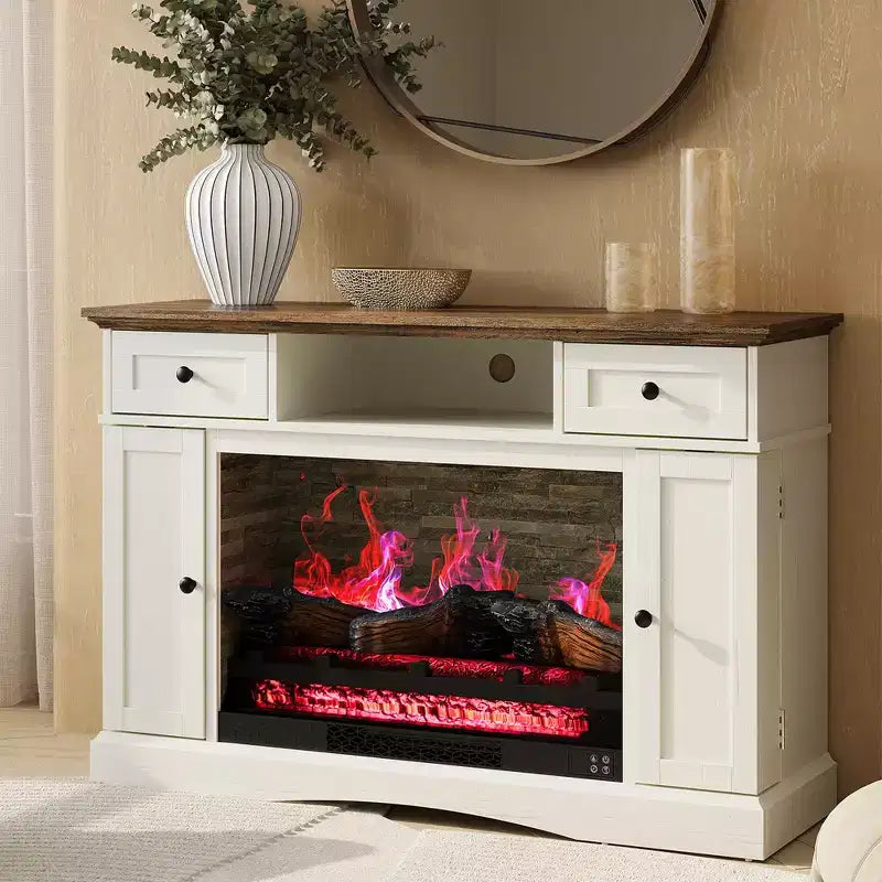 Meuble TV Heynemo avec cheminée de 28 pouces pour téléviseurs jusqu'à 55 pouces, table de console multimédia avec étagères réglables, conception à double porte, centre de divertissement, blanc