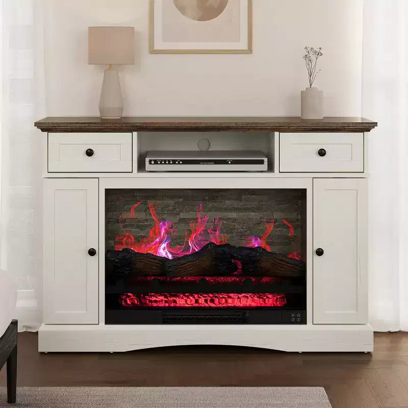 Meuble TV Heynemo avec cheminée de 28 pouces pour téléviseurs jusqu'à 55 pouces, table de console multimédia avec étagères réglables, conception à double porte, centre de divertissement, blanc