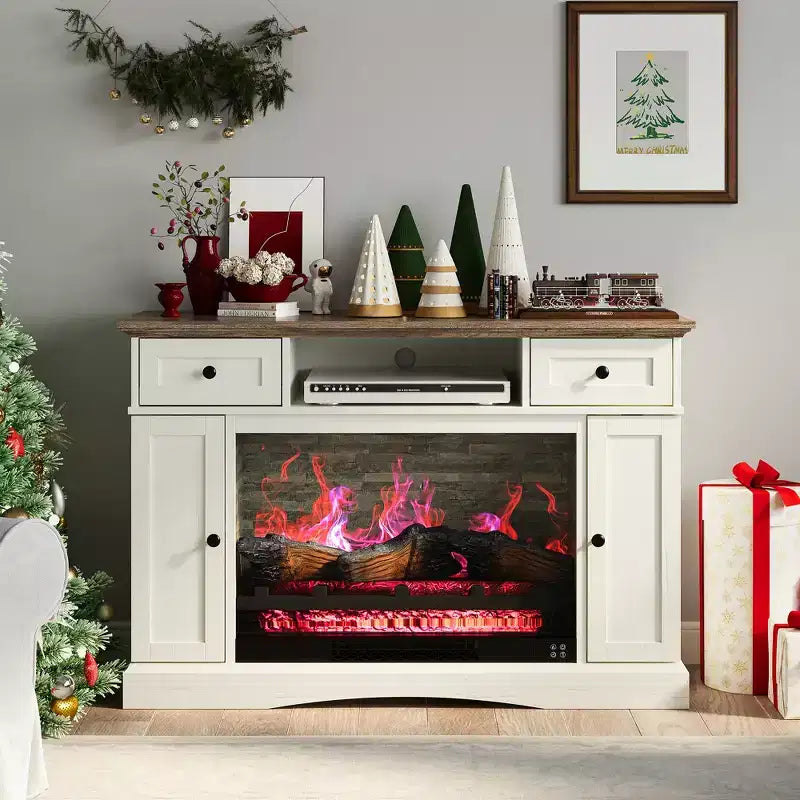 Meuble TV Heynemo avec cheminée de 28 pouces pour téléviseurs jusqu'à 55 pouces, table de console multimédia avec étagères réglables, conception à double porte, centre de divertissement, blanc