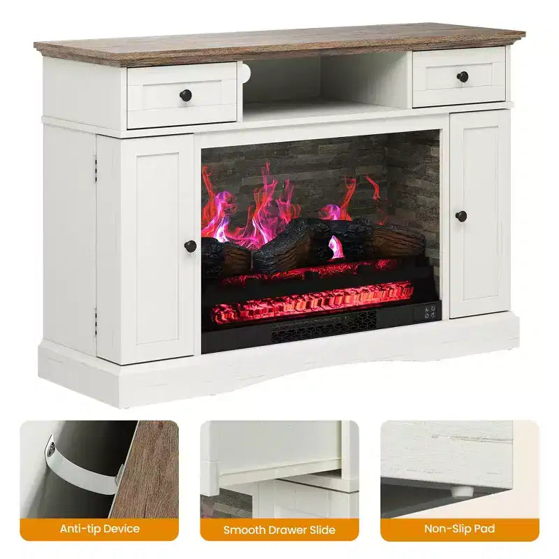 Meuble TV Heynemo avec cheminée de 28 pouces pour téléviseurs jusqu'à 55 pouces, table de console multimédia avec étagères réglables, conception à double porte, centre de divertissement, blanc