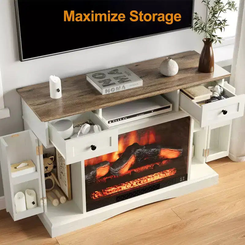 Meuble TV Heynemo avec cheminée de 28 pouces pour téléviseurs jusqu'à 55 pouces, table de console multimédia avec étagères réglables, conception à double porte, centre de divertissement, blanc