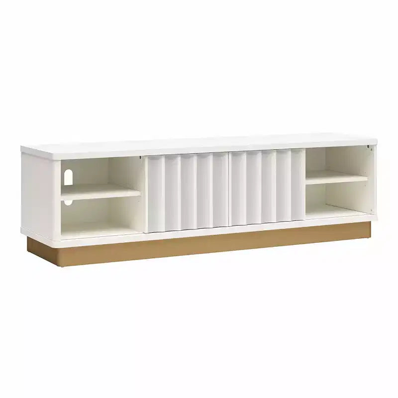 Meuble TV moderne cannelé GDFStudio Hilton pour téléviseurs jusqu'à 65 pouces avec base dorée et portes coulissantes