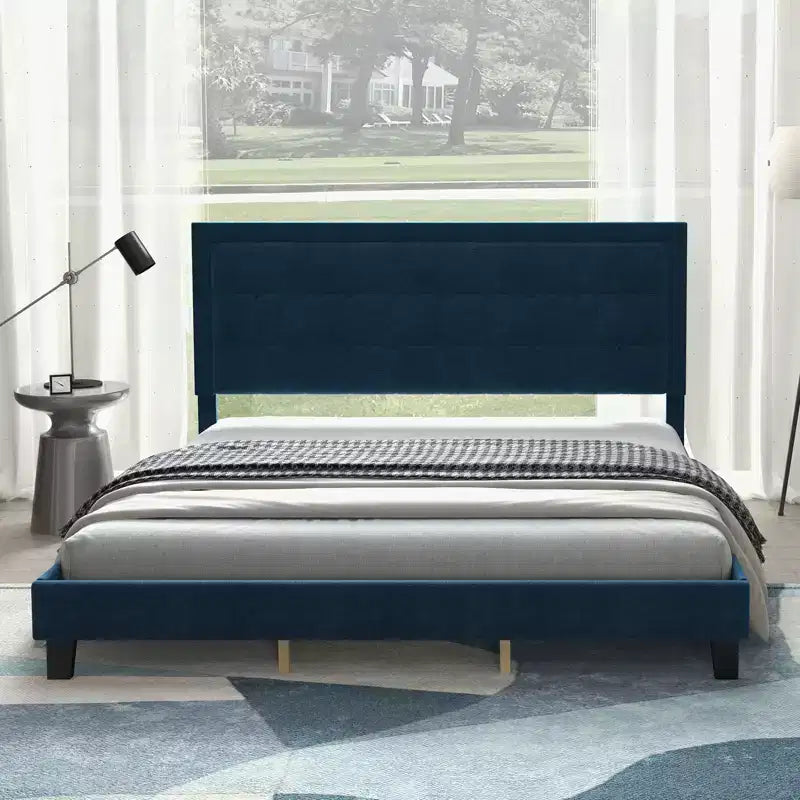 Cadre de lit King Size COZONY avec tête de lit rembourrée, support à lattes en bois et base métallique robuste pour chambre à coucher