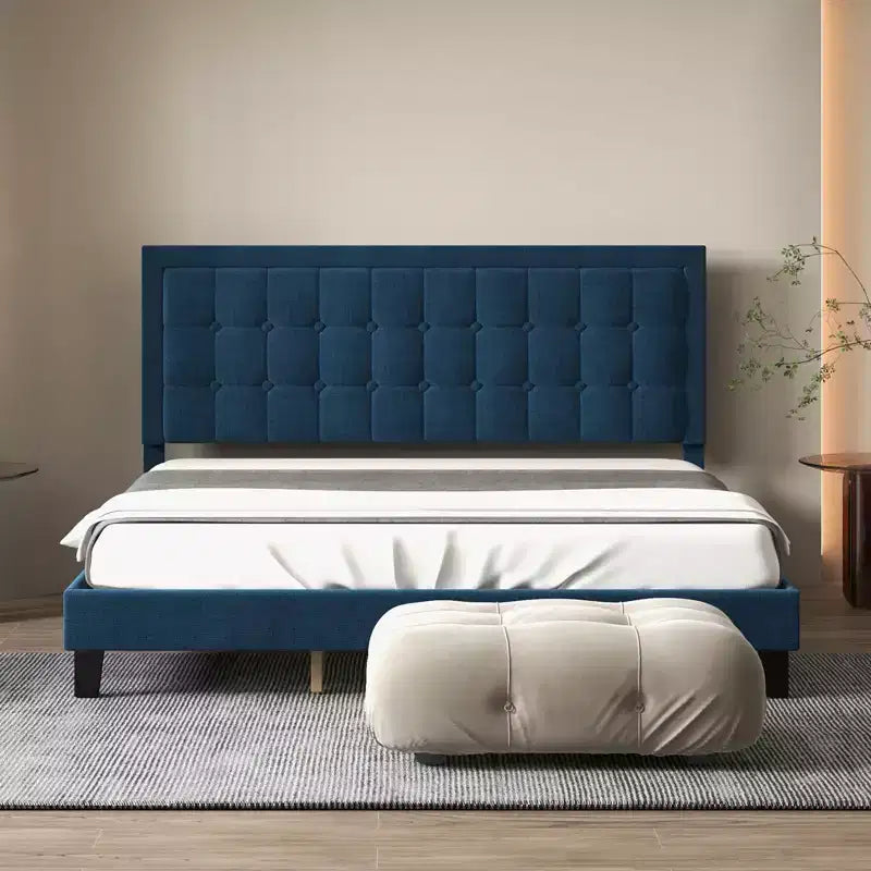 Cadre de lit King Size COZONY avec tête de lit rembourrée, support à lattes en bois et base métallique robuste pour chambre à coucher