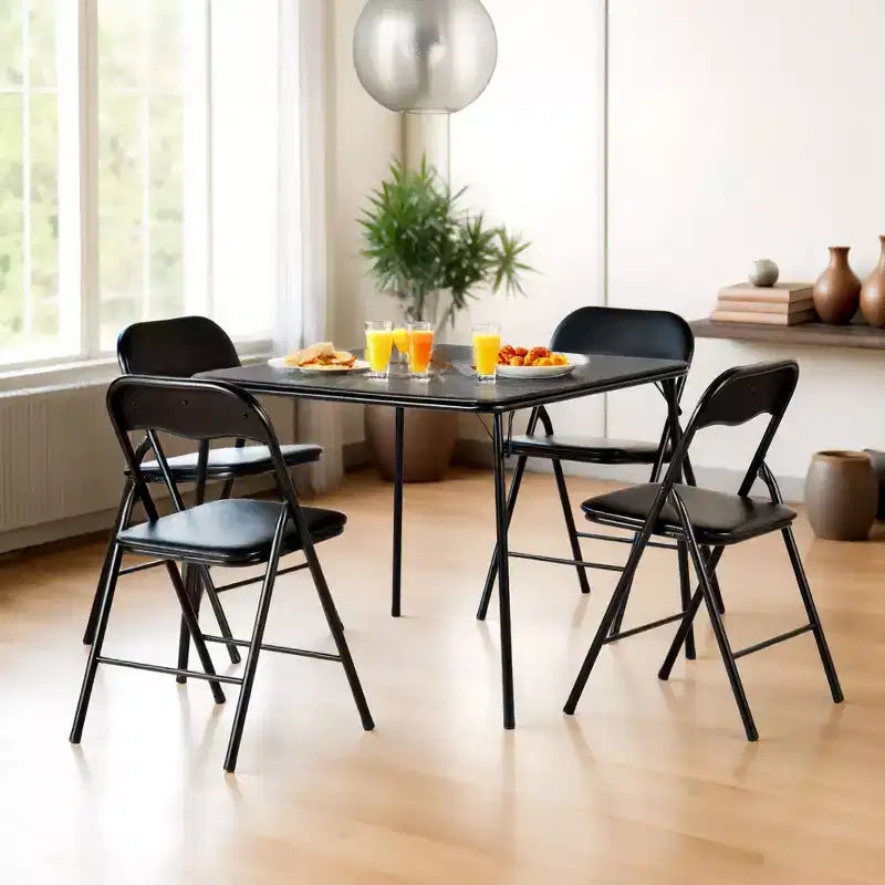 Ensemble table et 4 chaises pliantes FurnitureR 5 pièces – Table carrée portable avec 4 chaises rembourrées, ensemble repas ou jeu de cartes peu encombrant pour la maison, noir
