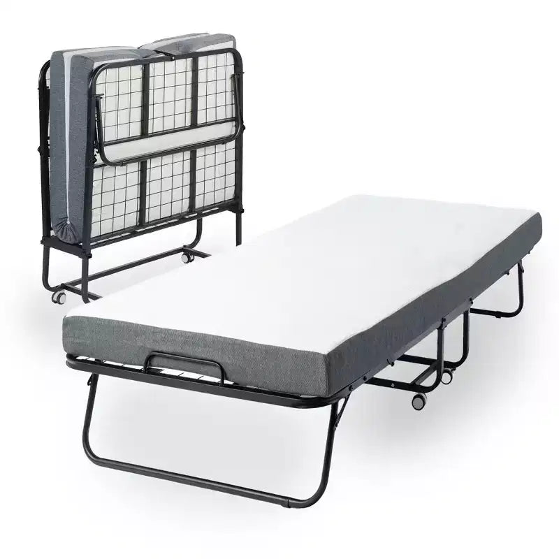 FurnitureR Folding Bed with 5-Inch Memory Foam Mattress  Portable Rollaway Guest Bed with Wheels, Foldable Metal Frame for Adults, Sturdy