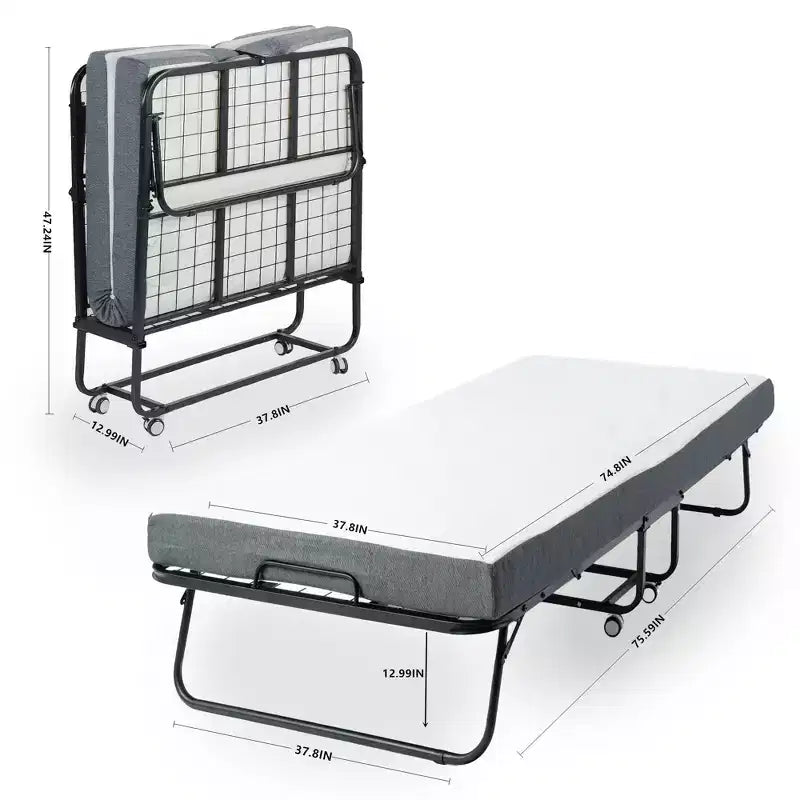 Lit pliant FurnitureR avec matelas à mémoire de forme de 12,7 cm, lit d'appoint portable avec roulettes, cadre métallique pliable pour adultes, robuste