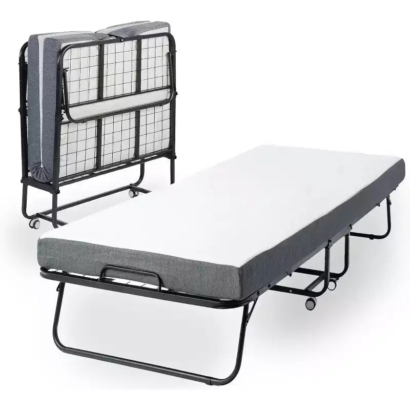 FurnitureR Folding Bed with 5-Inch Memory Foam Mattress  75x30 Narrow Twin Rollaway Bed Frame with Wheels, Fold Up, Sturdy Metal Construction