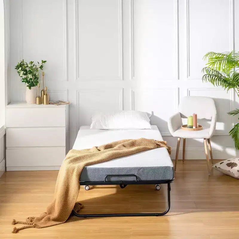 FurnitureR Lit Pliant avec Matelas en Mousse à Mémoire de Forme de 5 Pouces 75x30 Lits d'appoint Jumeaux Étroits avec Roues, Pliant, Construction Métallique Robuste