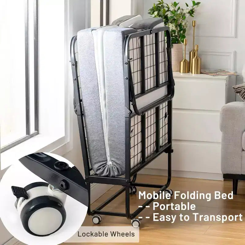 FurnitureR Lit Pliant avec Matelas en Mousse à Mémoire de Forme de 5 Pouces 75x30 Lits d'appoint Jumeaux Étroits avec Roues, Pliant, Construction Métallique Robuste