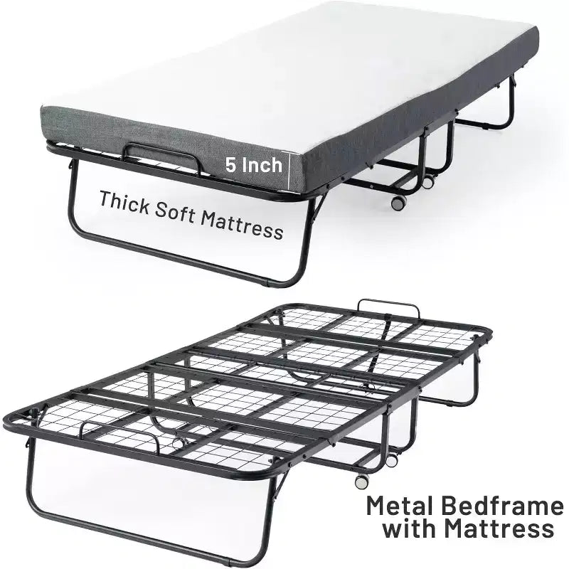FurnitureR Lit Pliant avec Matelas en Mousse à Mémoire de Forme de 5 Pouces 75x30 Lits d'appoint Jumeaux Étroits avec Roues, Pliant, Construction Métallique Robuste