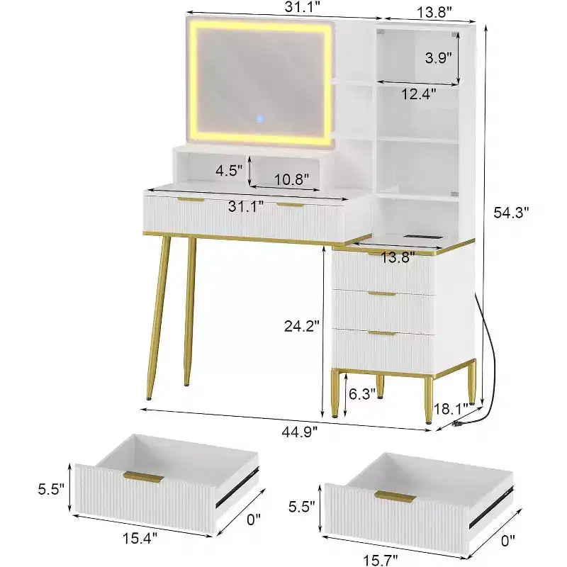 Coiffeuse à cannelures avec miroir éclairé, Table de maquillage avec 5 tiroirs, Coiffeuse avec miroir et lumières, Luminosité réglable