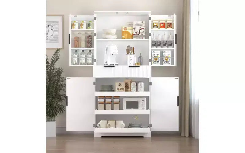 Zevemomo 72 Fluted Kitchen Pantry Cabinet with 3 Drawers & 6 Adjustable Shelves, Freestanding Storage Cupboard for Bathroom Dining Room Office, White
