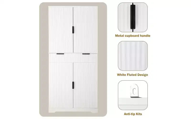 Meuble de cuisine Zevemomo 72" cannelé avec 3 tiroirs et 6 étagères réglables, Armoire de rangement autonome pour salle de bain, salle à manger, bureau, Blanc