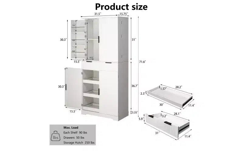 Meuble de cuisine Zevemomo 72" cannelé avec 3 tiroirs et 6 étagères réglables, Armoire de rangement autonome pour salle de bain, salle à manger, bureau, Blanc