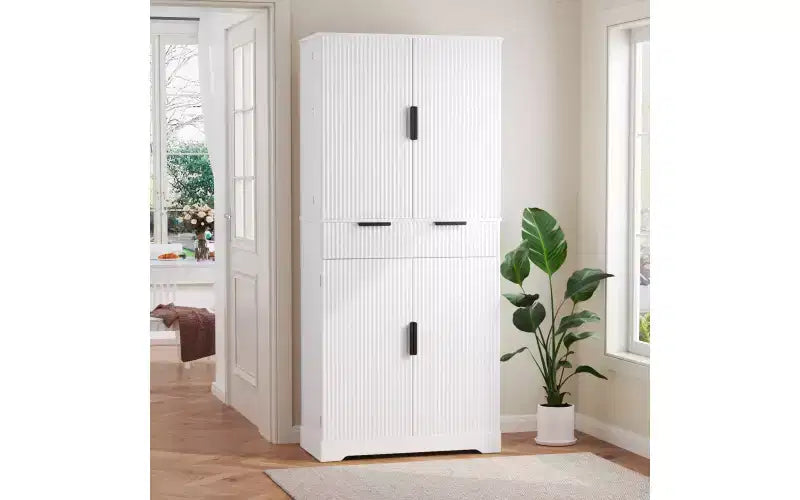 Meuble de cuisine Zevemomo 72" cannelé avec 3 tiroirs et 6 étagères réglables, Armoire de rangement autonome pour salle de bain, salle à manger, bureau, Blanc