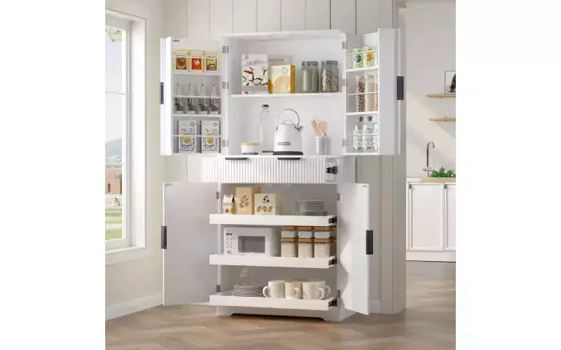 Meuble de cuisine Zevemomo 72" cannelé avec 3 tiroirs et 6 étagères réglables, Armoire de rangement autonome pour salle de bain, salle à manger, bureau, Blanc