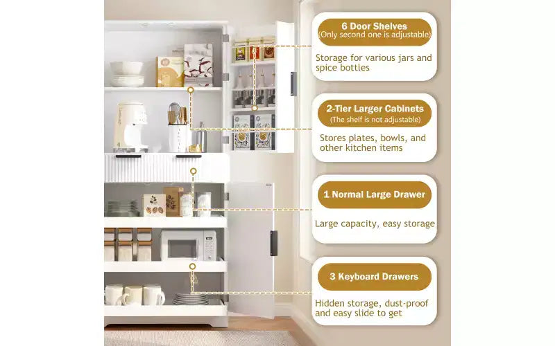 Meuble de cuisine Zevemomo 72" cannelé avec 3 tiroirs et 6 étagères réglables, Armoire de rangement autonome pour salle de bain, salle à manger, bureau, Blanc