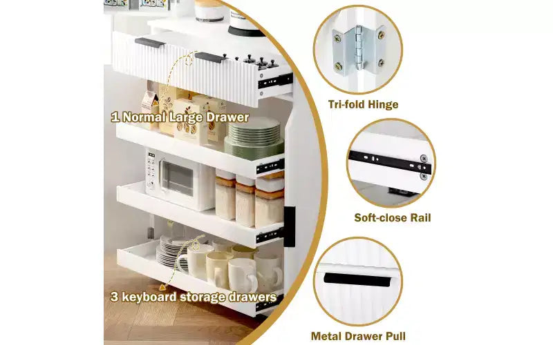Meuble de cuisine Zevemomo 72" cannelé avec 3 tiroirs et 6 étagères réglables, Armoire de rangement autonome pour salle de bain, salle à manger, bureau, Blanc