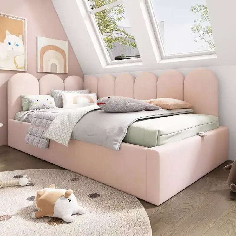 Lit de repos plateforme rembourré double Okak avec rangement hydraulique et cadre à lattes en métal, lit simple moderne pour chambre à coucher, chambre d'enfant