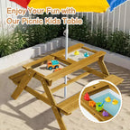 Table de pique-nique et banc d'extérieur rectangulaires en bois Karl Home Kids avec parasol et bacs de jeu