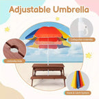 Table de pique-nique et banc d'extérieur rectangulaires en bois Karl Home Kids avec parasol et bacs de jeu