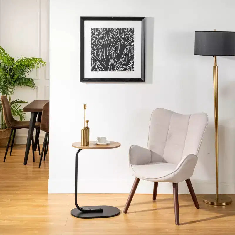 Fauteuil d'appoint capitonné FurnitureR avec dossier haut pour chambre/salon, fauteuil de loisirs ergonomique, fauteuil de salon en tissu beige/noyer