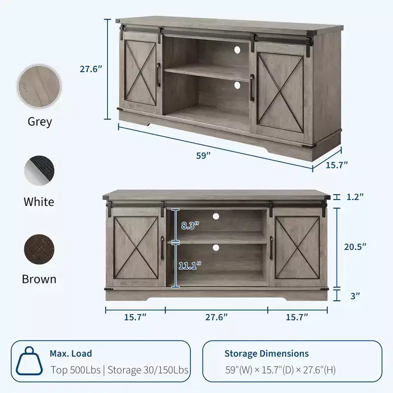 Meuble TV de ferme pour téléviseurs jusqu'à 65 pouces et centre de divertissement avec portes de grange coulissantes et étagère réglable, console média avec armoire de rangement