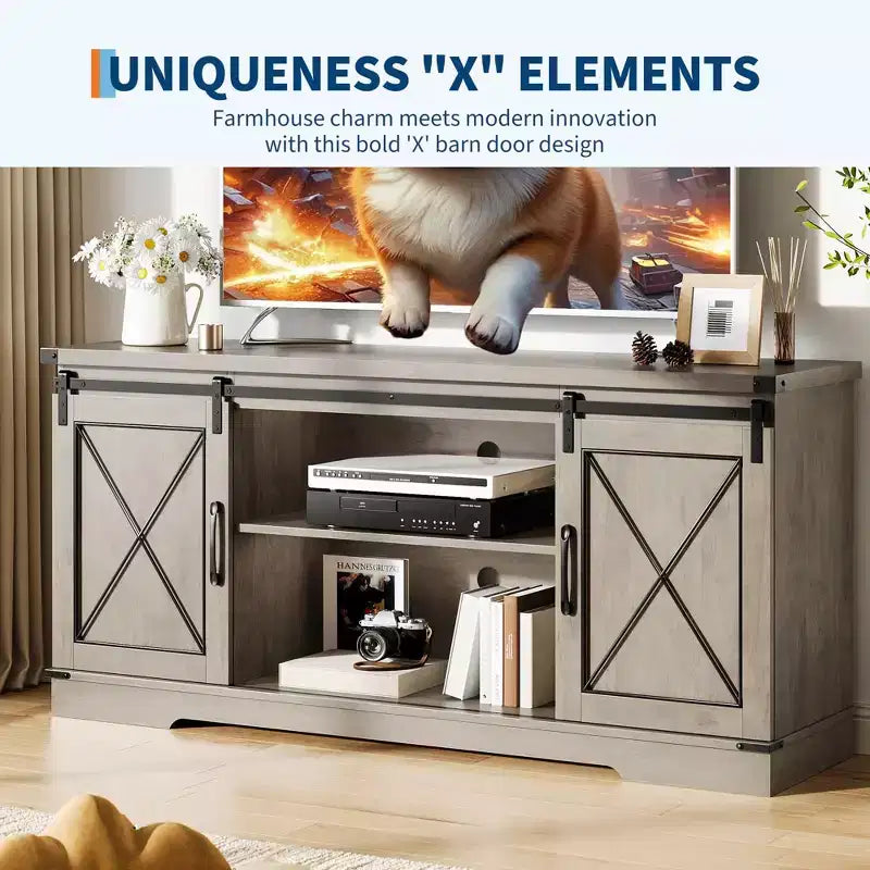 Meuble TV de ferme pour téléviseurs jusqu'à 65 pouces et centre de divertissement avec portes de grange coulissantes et étagère réglable, console média avec armoire de rangement