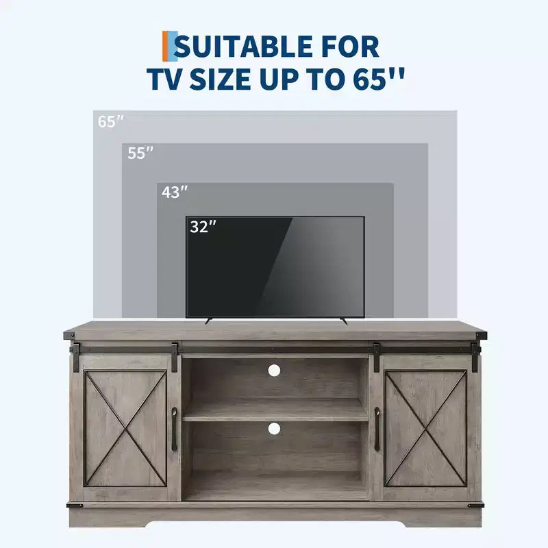 Meuble TV de ferme pour téléviseurs jusqu'à 65 pouces et centre de divertissement avec portes de grange coulissantes et étagère réglable, console média avec armoire de rangement