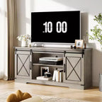 Meuble TV de ferme pour téléviseurs jusqu'à 65 pouces et centre de divertissement avec portes de grange coulissantes et étagère réglable, console média avec armoire de rangement