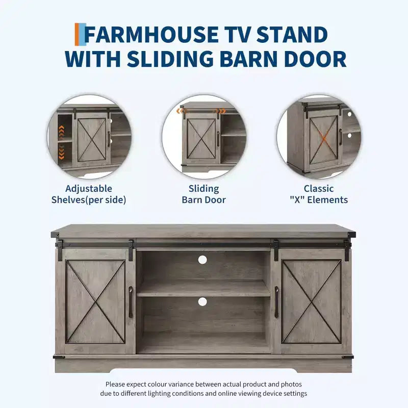 Meuble TV de ferme pour téléviseurs jusqu'à 65 pouces et centre de divertissement avec portes de grange coulissantes et étagère réglable, console média avec armoire de rangement