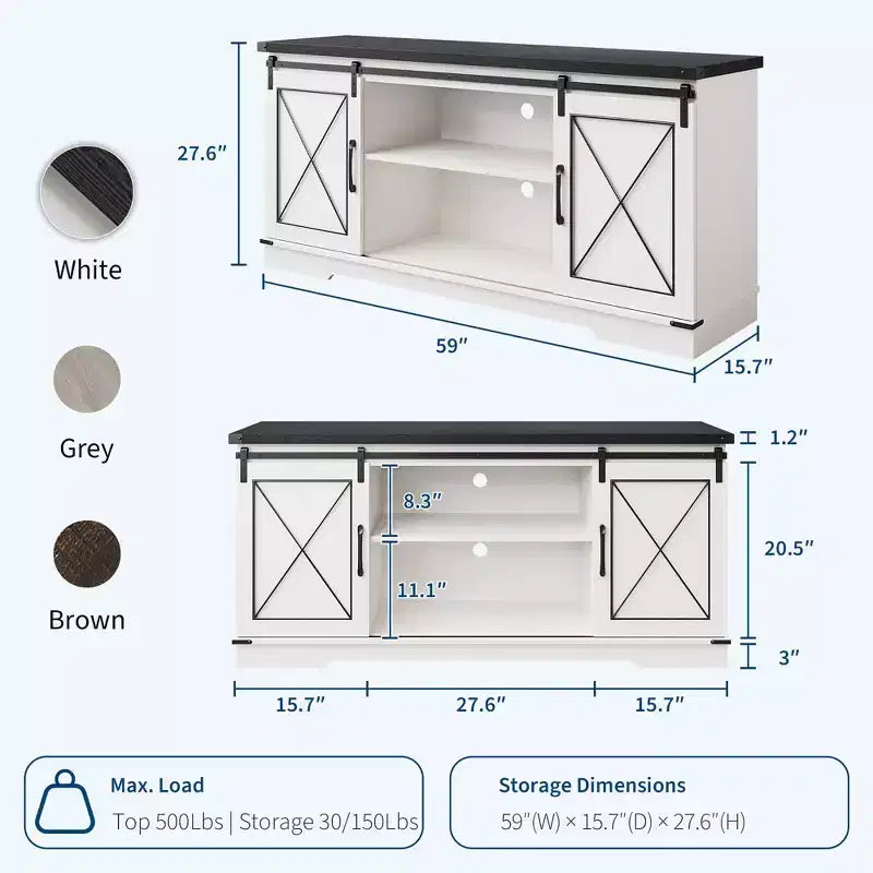 Meuble TV de ferme pour téléviseurs jusqu'à 65 pouces et centre de divertissement avec portes de grange coulissantes et étagère réglable, console média avec armoire de rangement