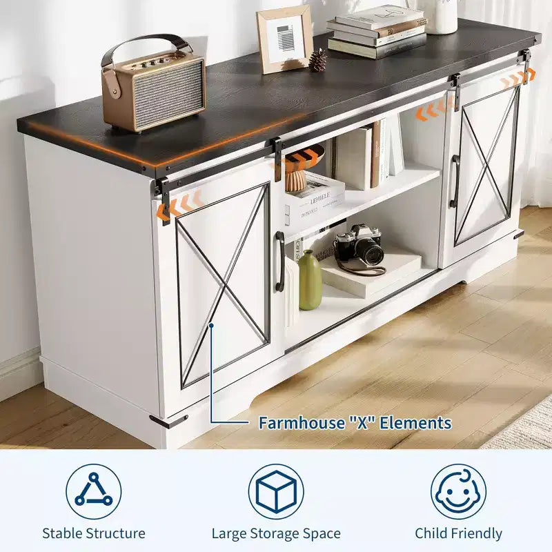 Meuble TV de ferme pour téléviseurs jusqu'à 65 pouces et centre de divertissement avec portes de grange coulissantes et étagère réglable, console média avec armoire de rangement