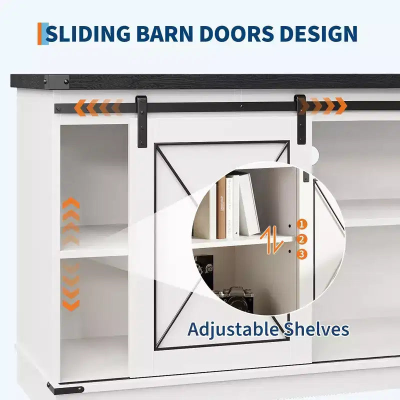 Meuble TV de ferme pour téléviseurs jusqu'à 65 pouces et centre de divertissement avec portes de grange coulissantes et étagère réglable, console média avec armoire de rangement