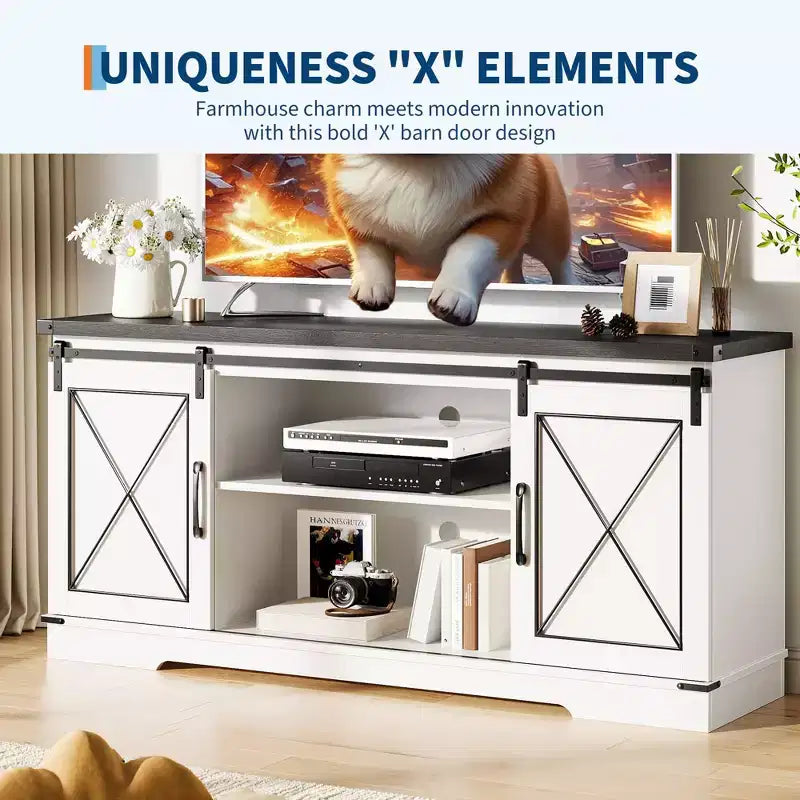 Meuble TV de ferme pour téléviseurs jusqu'à 65 pouces et centre de divertissement avec portes de grange coulissantes et étagère réglable, console média avec armoire de rangement