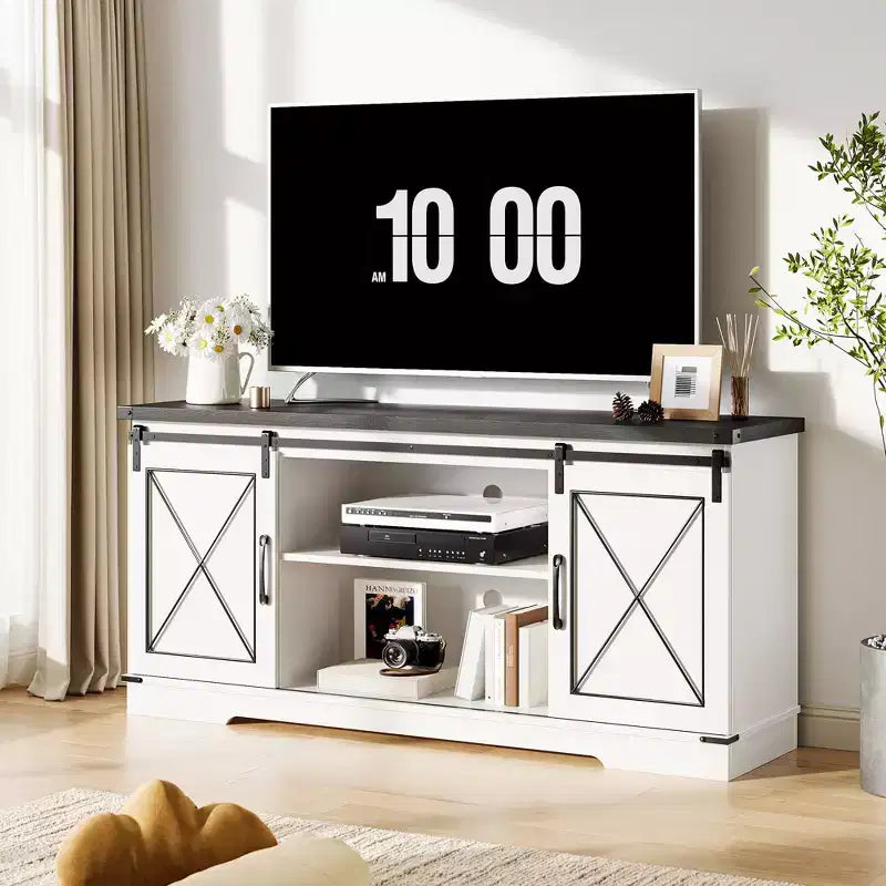 Meuble TV de ferme pour téléviseurs jusqu'à 65 pouces et centre de divertissement avec portes de grange coulissantes et étagère réglable, console média avec armoire de rangement