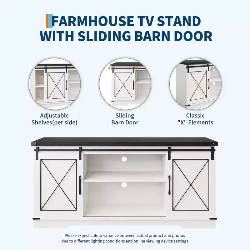 Meuble TV de ferme pour téléviseurs jusqu'à 65 pouces et centre de divertissement avec portes de grange coulissantes et étagère réglable, console média avec armoire de rangement