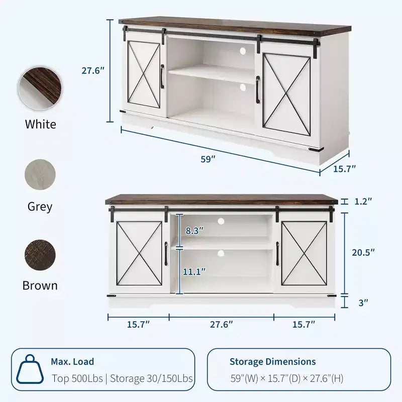 Meuble TV de ferme pour téléviseurs jusqu'à 65 pouces et centre de divertissement avec portes de grange coulissantes et étagère réglable, console média avec armoire de rangement