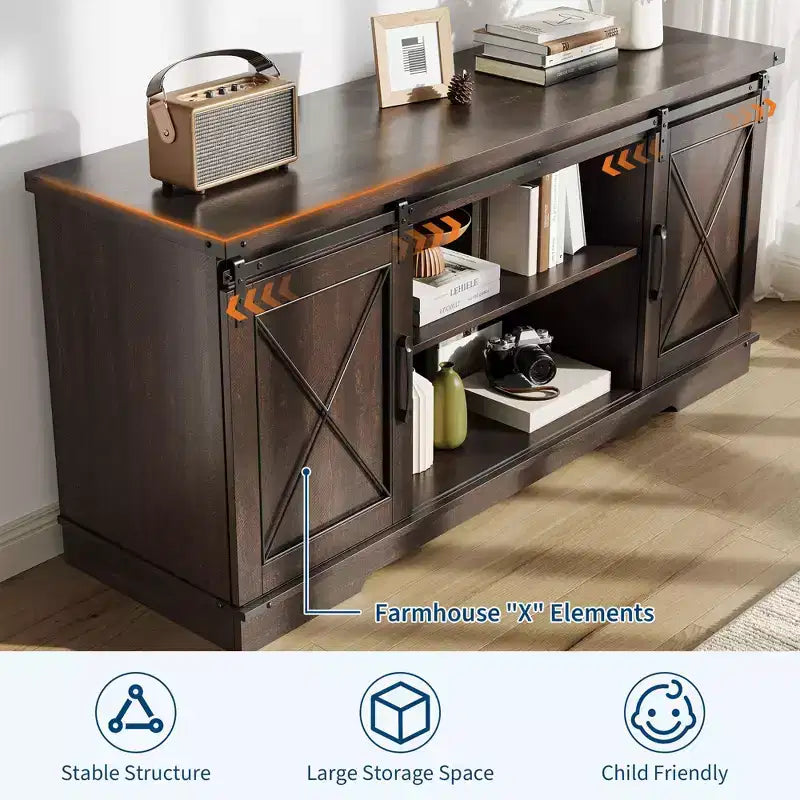 Meuble TV de ferme pour téléviseurs jusqu'à 65 pouces et centre de divertissement avec portes de grange coulissantes et étagère réglable, console média avec armoire de rangement