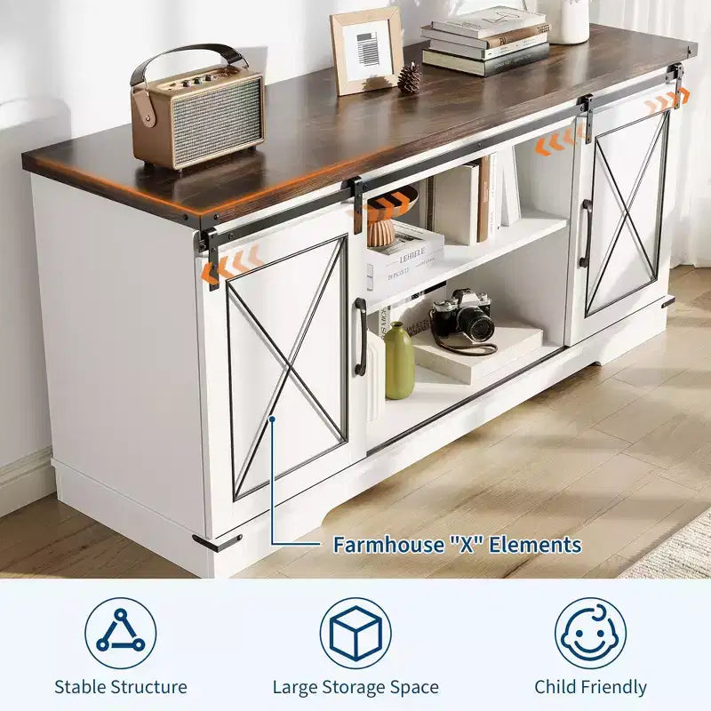 Meuble TV de ferme pour téléviseurs jusqu'à 65 pouces et centre de divertissement avec portes de grange coulissantes et étagère réglable, console média avec armoire de rangement
