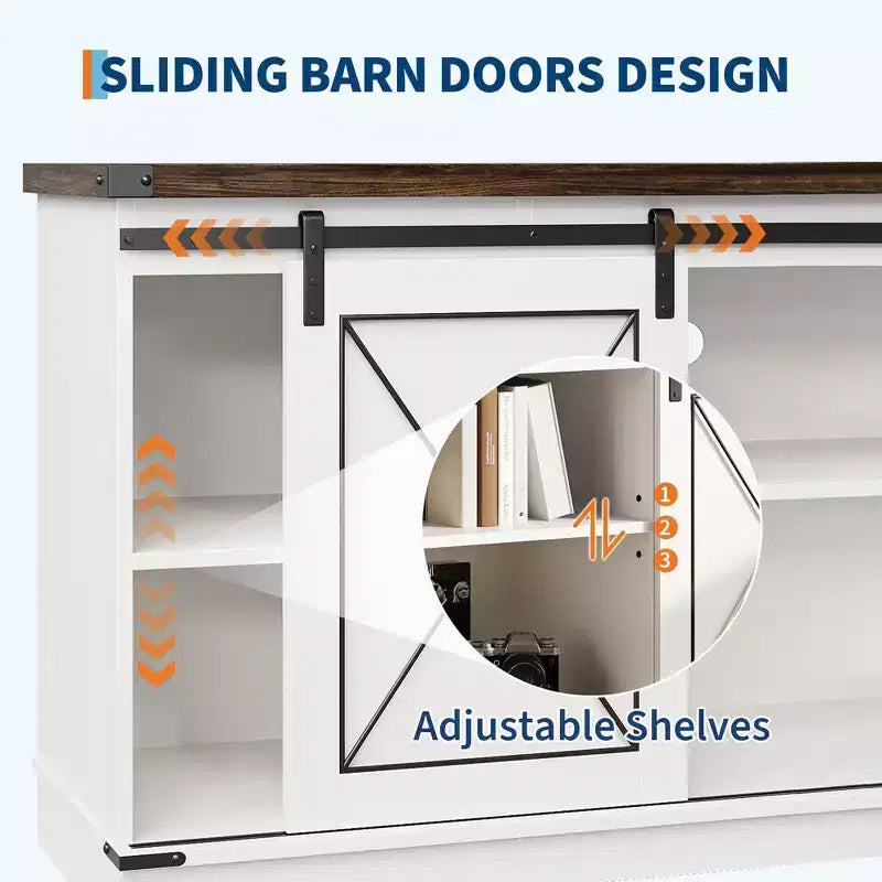 Meuble TV de ferme pour téléviseurs jusqu'à 65 pouces et centre de divertissement avec portes de grange coulissantes et étagère réglable, console média avec armoire de rangement