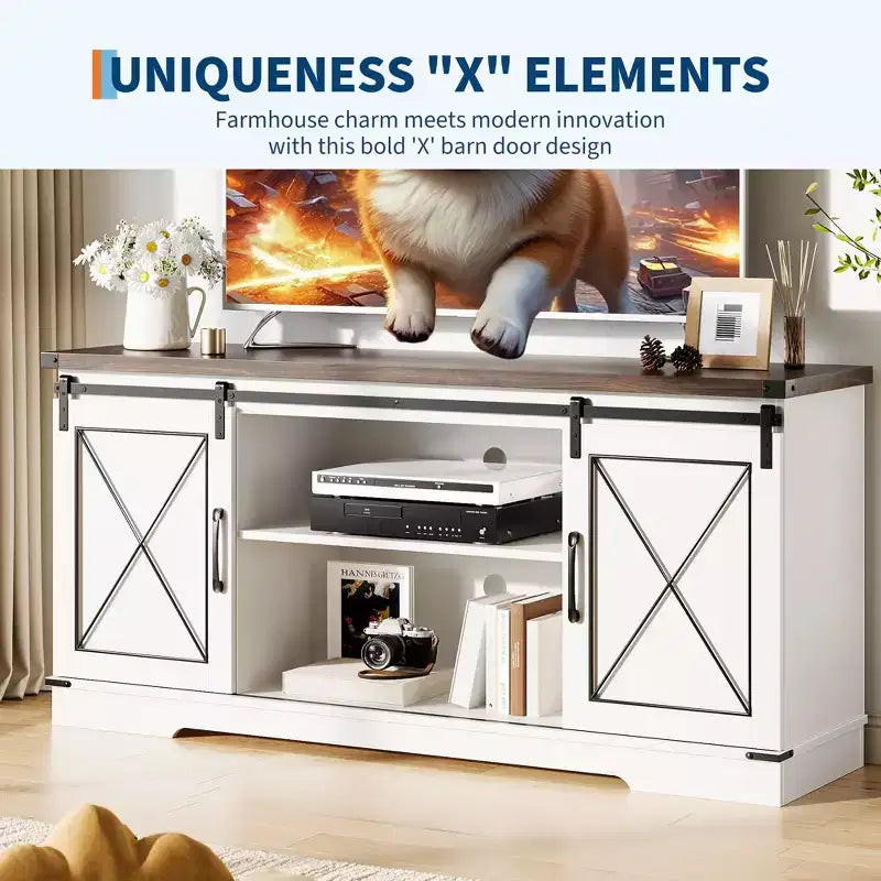 Meuble TV de ferme pour téléviseurs jusqu'à 65 pouces et centre de divertissement avec portes de grange coulissantes et étagère réglable, console média avec armoire de rangement
