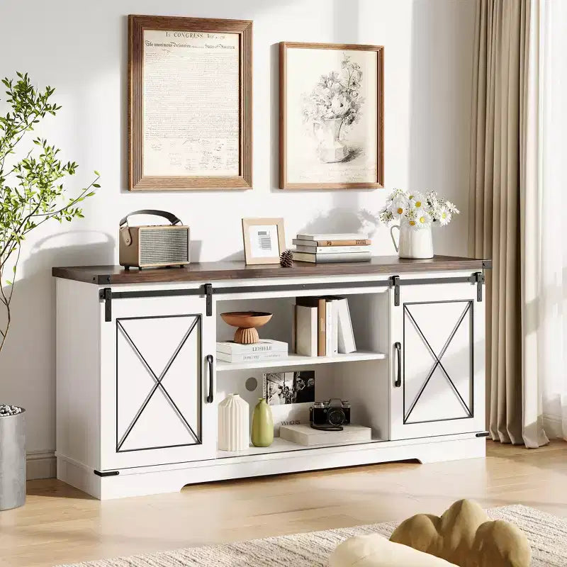 Meuble TV de ferme pour téléviseurs jusqu'à 65 pouces et centre de divertissement avec portes de grange coulissantes et étagère réglable, console média avec armoire de rangement