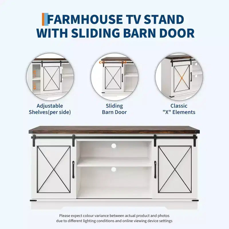 Meuble TV de ferme pour téléviseurs jusqu'à 65 pouces et centre de divertissement avec portes de grange coulissantes et étagère réglable, console média avec armoire de rangement