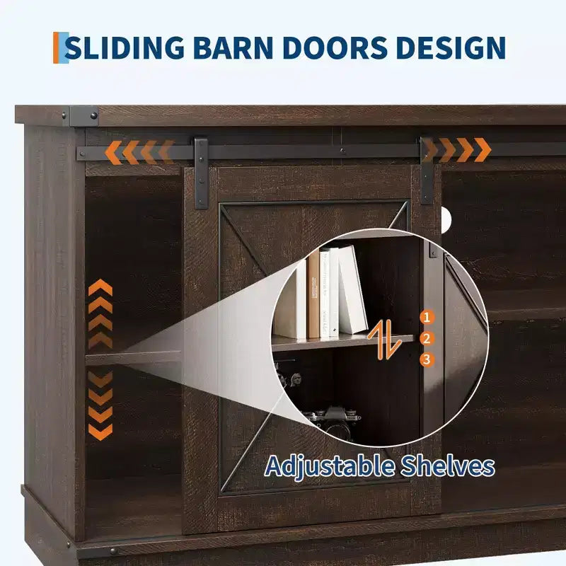 Meuble TV de ferme pour téléviseurs jusqu'à 65 pouces et centre de divertissement avec portes de grange coulissantes et étagère réglable, console média avec armoire de rangement