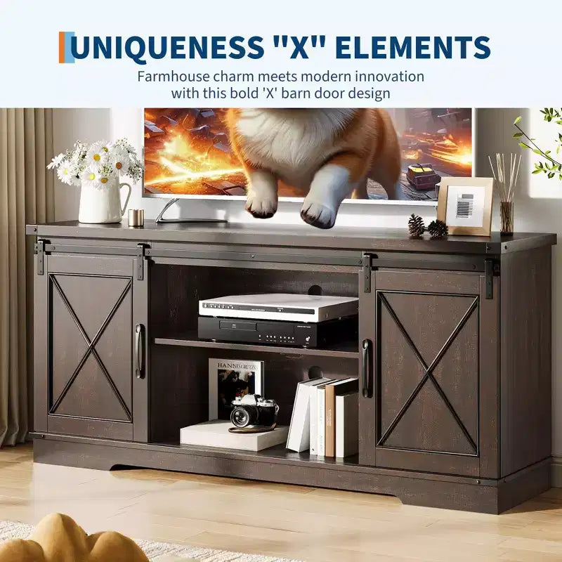 Meuble TV de ferme pour téléviseurs jusqu'à 65 pouces et centre de divertissement avec portes de grange coulissantes et étagère réglable, console média avec armoire de rangement